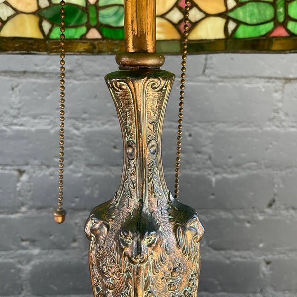 Antique Bronze Table Lamp & Original Tiffany Glass Style Shade, c.1930’s