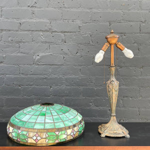 Antique Bronze Table Lamp & Original Tiffany Glass Style Shade, c.1930’s