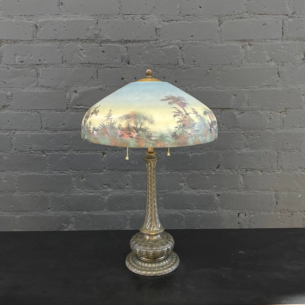 Antique Bronze Table Lamp & Original Painted Glass  Shade, c.1930’s