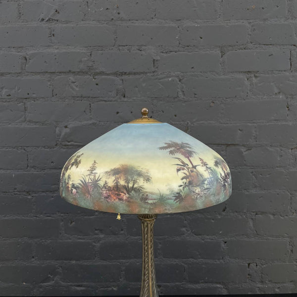 Antique Bronze Table Lamp & Original Painted Glass  Shade, c.1930’s