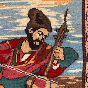 Vintage Wool Rug Carpet with Man Playing Instrument