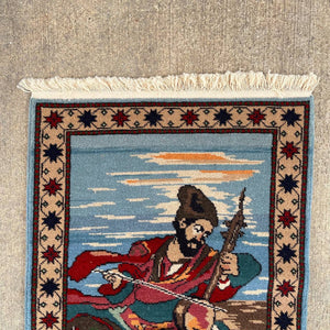 Vintage Wool Rug Carpet with Man Playing Instrument