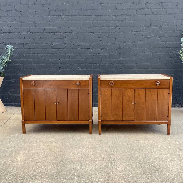Pair of Mid-Century Modern Chest Dresser with Travertine Marble Stone by Drexel, c.1950’s