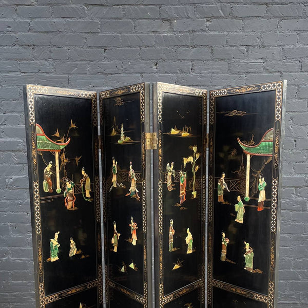 Mid-Century Modern Expanding Asian Style Ebonized Chinoiserie Four-Panel Room Divider