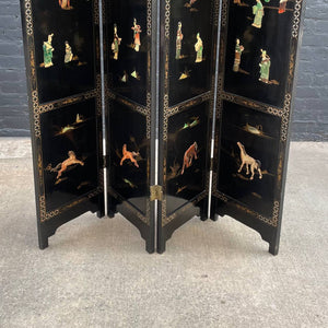 Mid-Century Modern Expanding Asian Style Ebonized Chinoiserie Four-Panel Room Divider