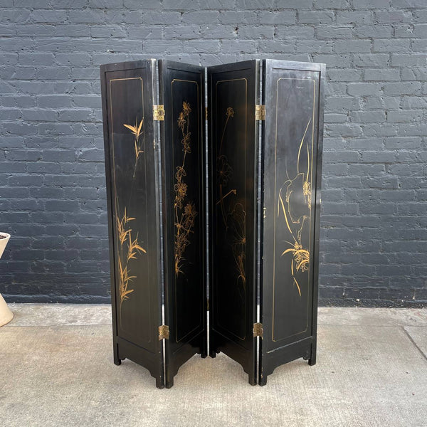 Mid-Century Modern Expanding Asian Style Ebonized Chinoiserie Four-Panel Room Divider