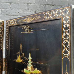 Mid-Century Modern Expanding Asian Style Ebonized Chinoiserie Four-Panel Room Divider