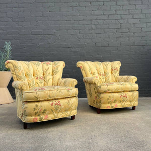 Pair of Hollywood Regency Floral Tufted Lounge Chairs, 1940’s