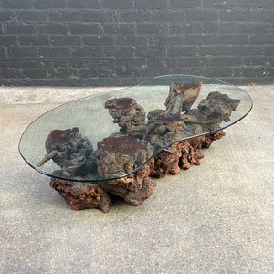 Vintage Free Form Burl Root Coffee Table with Glass Top
