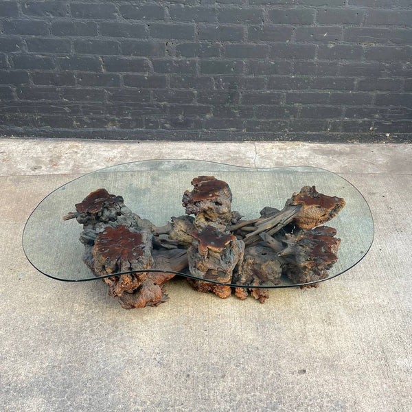 Vintage Free Form Burl Root Coffee Table with Glass Top