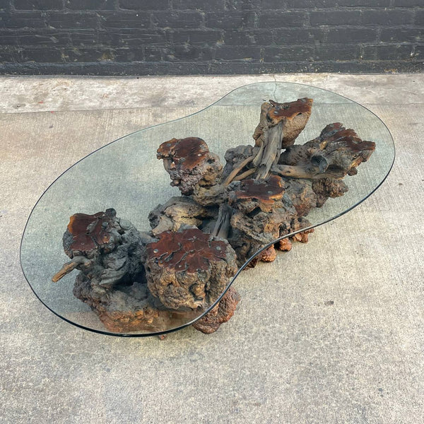 Vintage Free Form Burl Root Coffee Table with Glass Top