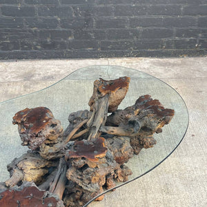 Vintage Free Form Burl Root Coffee Table with Glass Top