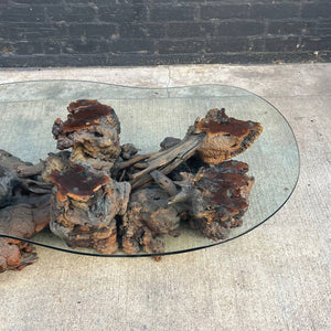 Vintage Free Form Burl Root Coffee Table with Glass Top
