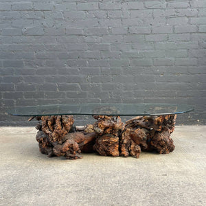 Vintage Free Form Burl Root Coffee Table with Glass Top