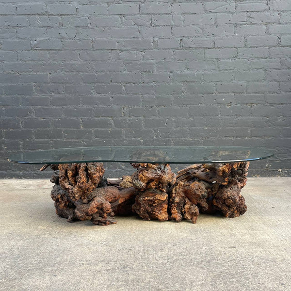 Vintage Free Form Burl Root Coffee Table with Glass Top