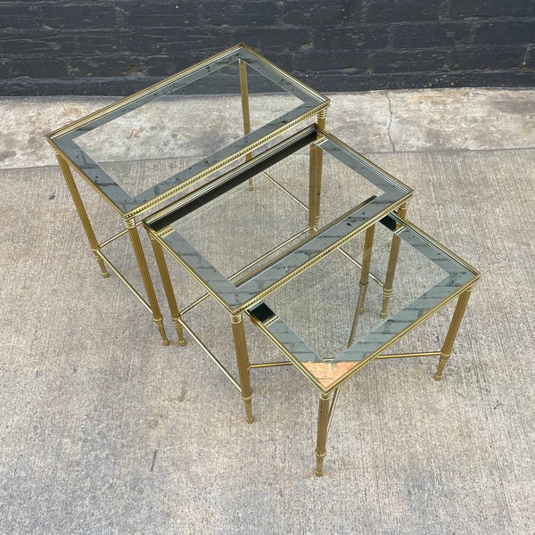 Vintage Brass Italian Hollywood Regency Side Nesting Tables with Glass Tops, c.1960’s