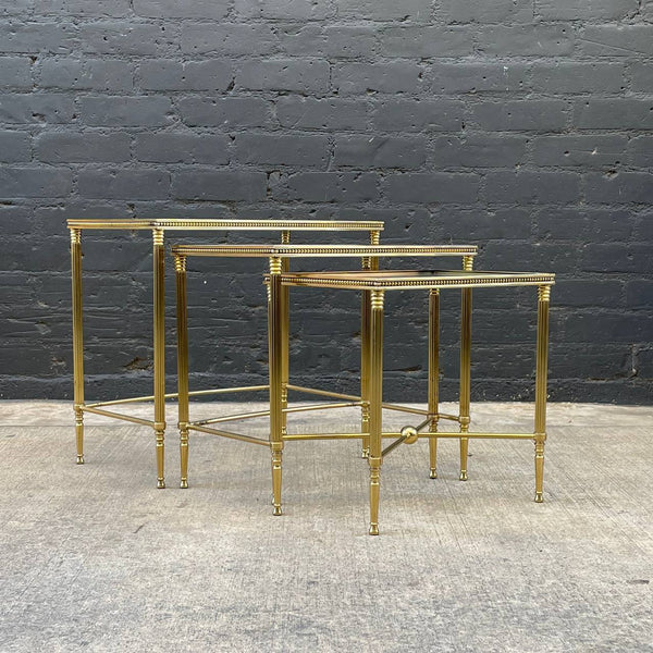 Vintage Brass Italian Hollywood Regency Side Nesting Tables with Glass Tops, c.1960’s