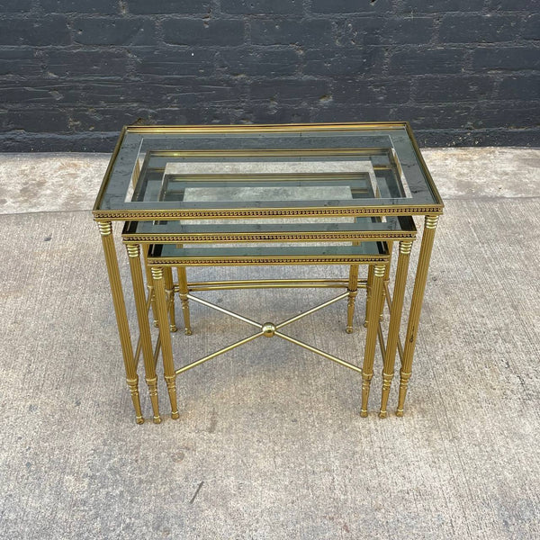 Vintage Brass Italian Hollywood Regency Side Nesting Tables with Glass Tops, c.1960’s