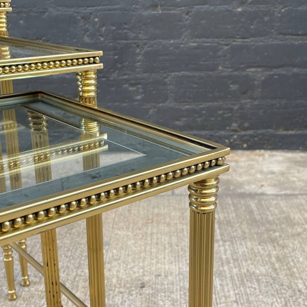 Vintage Brass Italian Hollywood Regency Side Nesting Tables with Glass Tops, c.1960’s