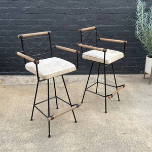 Pair of Mid-Century Modern Iron & Wood Bar Stools, c.1960’s