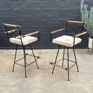 Pair of Mid-Century Modern Iron & Wood Bar Stools, c.1960’s