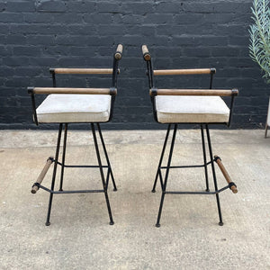 Pair of Mid-Century Modern Iron & Wood Bar Stools, c.1960’s