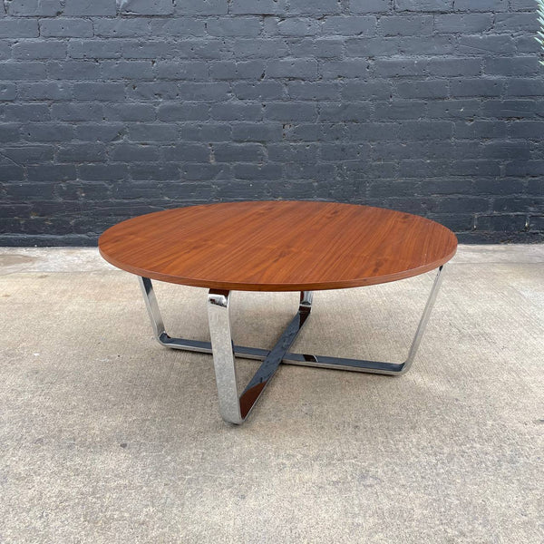 Vintage Mid-Century Modern Round Walnut & Chrome Coffee Table, c.1960’s