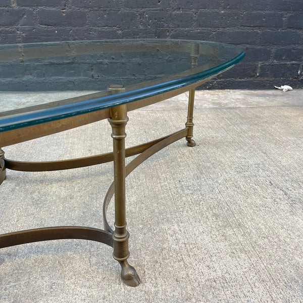 Vintage Italian Mid-Century Modern Brass & Glass Oval Coffee Table with Hoof Feet , c.1960’s