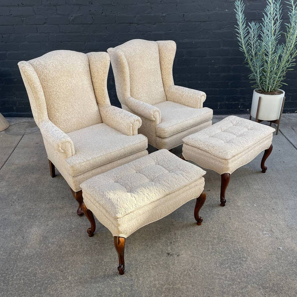 Pair of Antique French Provincial Wing Back Lounge Chairs with Ottomans, c.1960’s