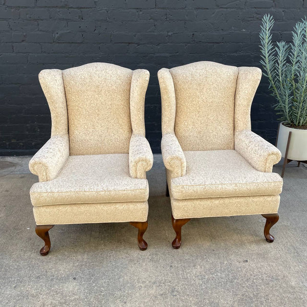 Pair of Antique French Provincial Wing Back Lounge Chairs with Ottomans, c.1960’s